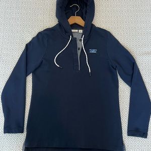 L.L. Bean Navy 1/4 Button thin cotton sweatshirt with drawstring hood.